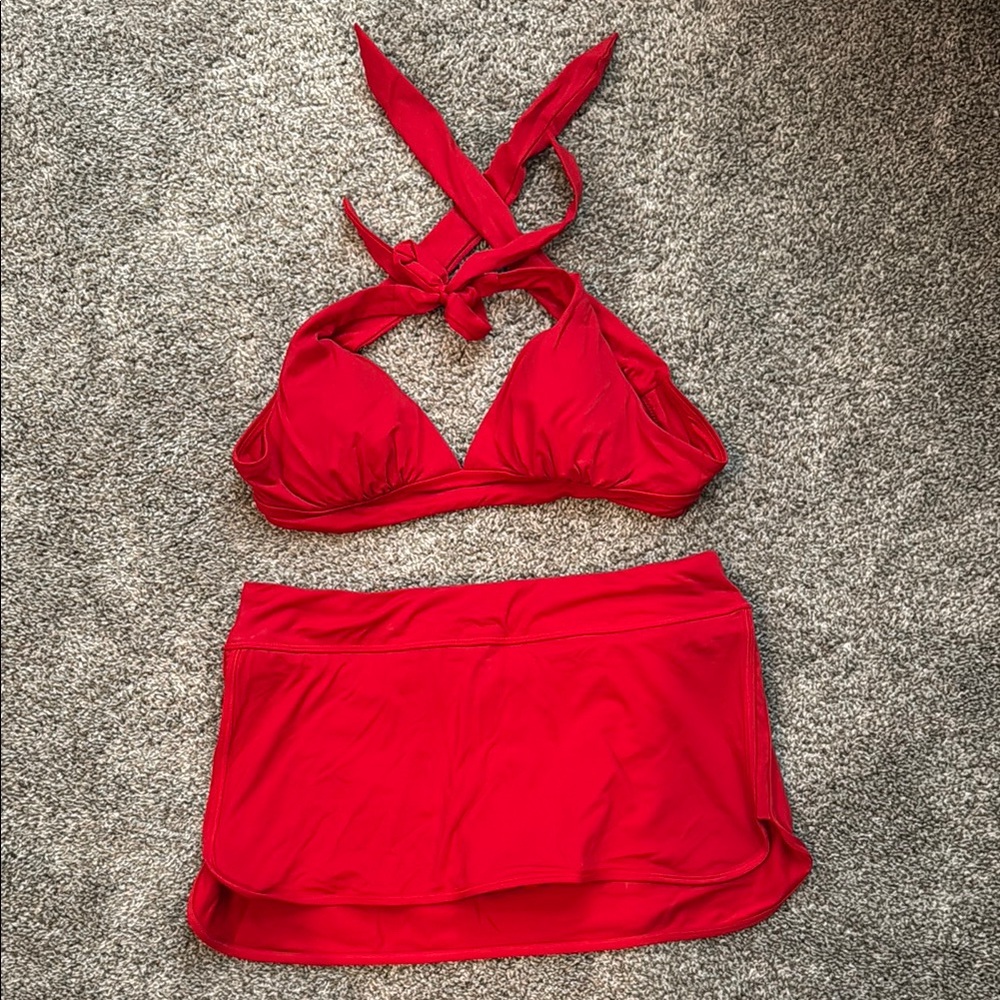 Athleta Red Halter Bikini and skirt Set